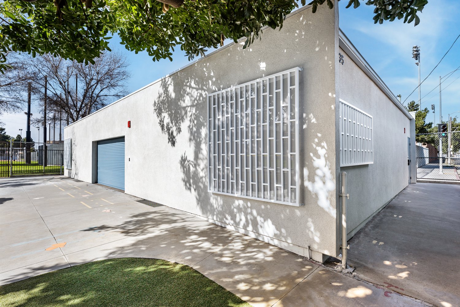 Exterior of a structure with an overhead door